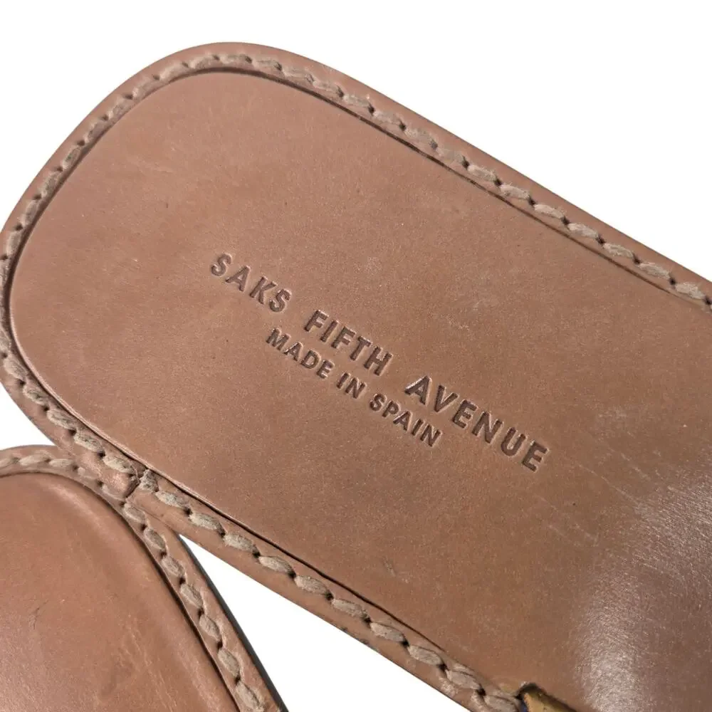 Saks Fifth Avenue Leather Flip Flops Striped Ribbon Thong Sandals 11M Spain - Picture 2 of 7